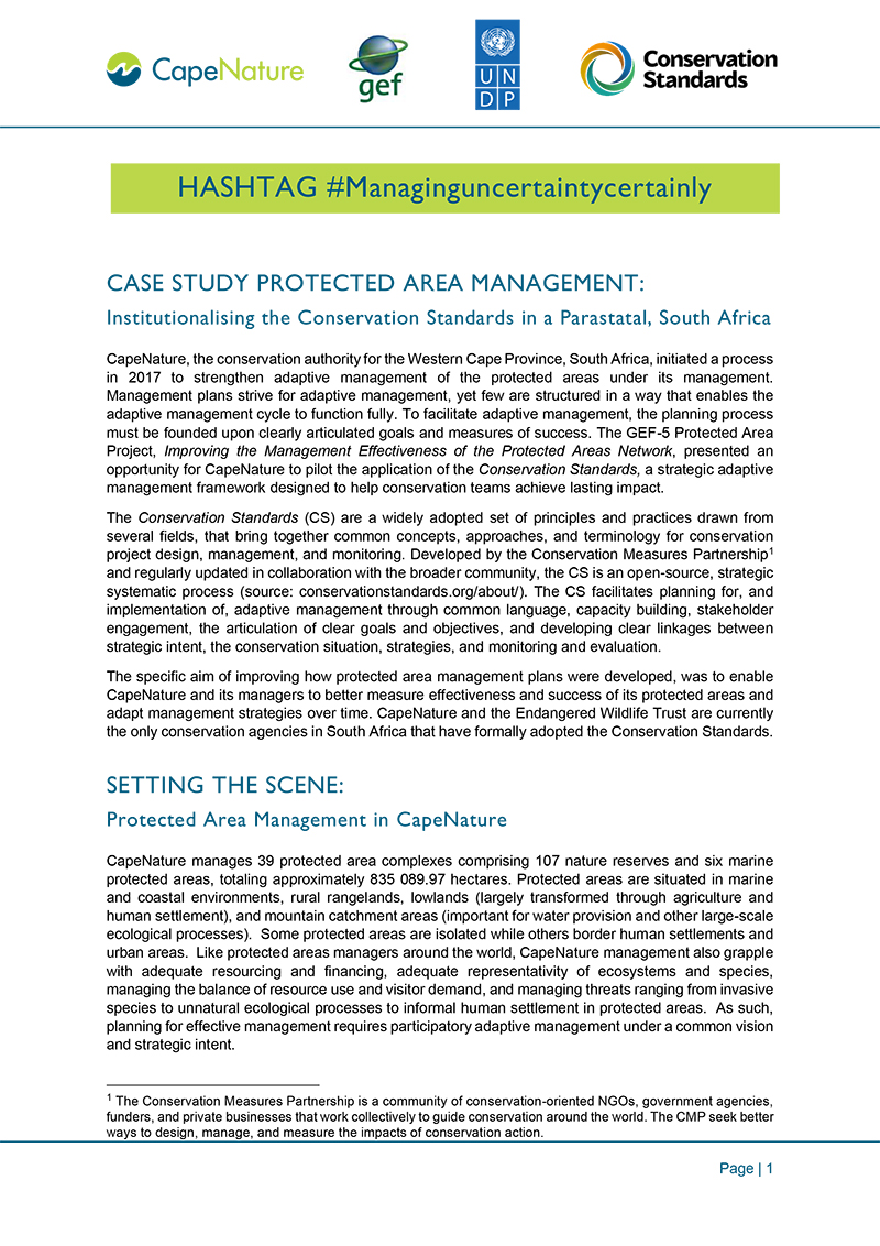 CapeNature Protected Area Management Planning: Setting up for Adaptive Management